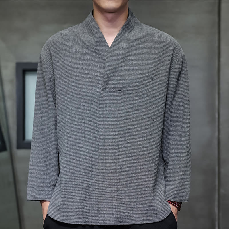 Buddha Stones Prosta koszulka z długim rękawem i dekoltem w serek Męska odzież - Szary - US/UK/AU46， EU56 (5XL) - image 19