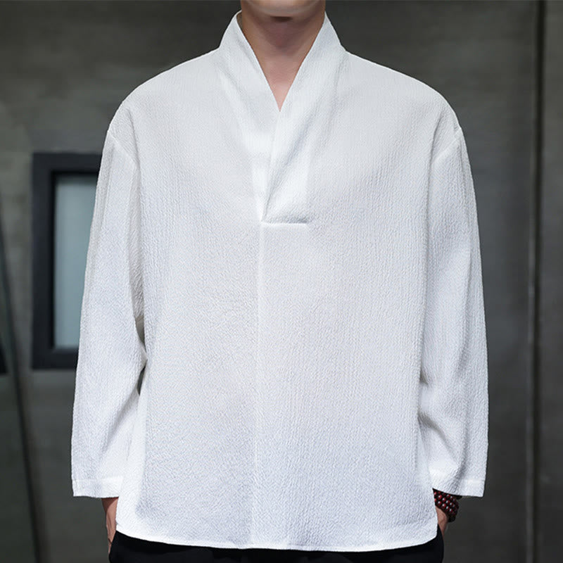 Buddha Stones Prosta koszulka z długim rękawem i dekoltem w serek Męska odzież - Biały - US/UK/AU46， EU56 (5XL) - image 0