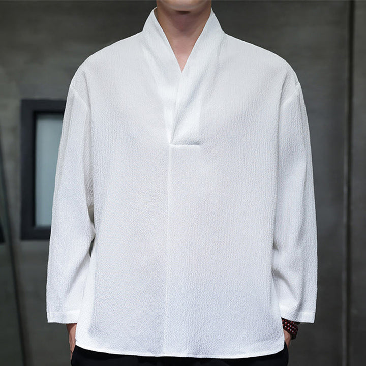 Buddha Stones Prosta koszulka z długim rękawem i dekoltem w serek Męska odzież - Biały - US/UK/AU46， EU56 (5XL) - image 0