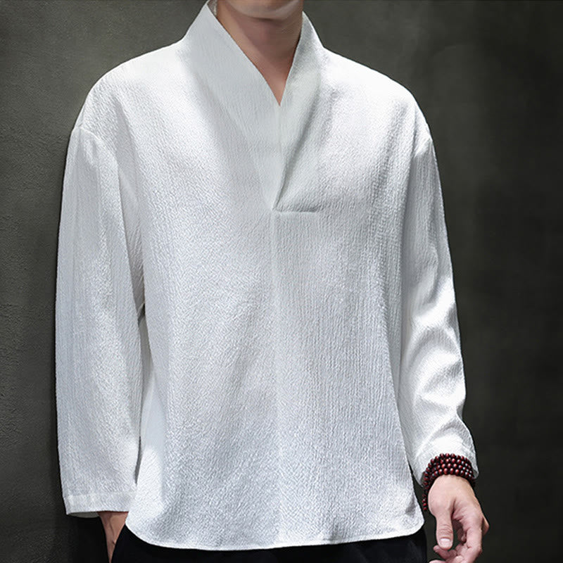 Buddha Stones Prosta koszulka z długim rękawem i dekoltem w serek Męska odzież - image 1