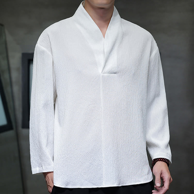 Buddha Stones Prosta koszulka z długim rękawem i dekoltem w serek Męska odzież - image 6