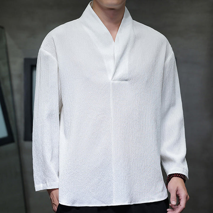 Buddha Stones Prosta koszulka z długim rękawem i dekoltem w serek Męska odzież - image 6