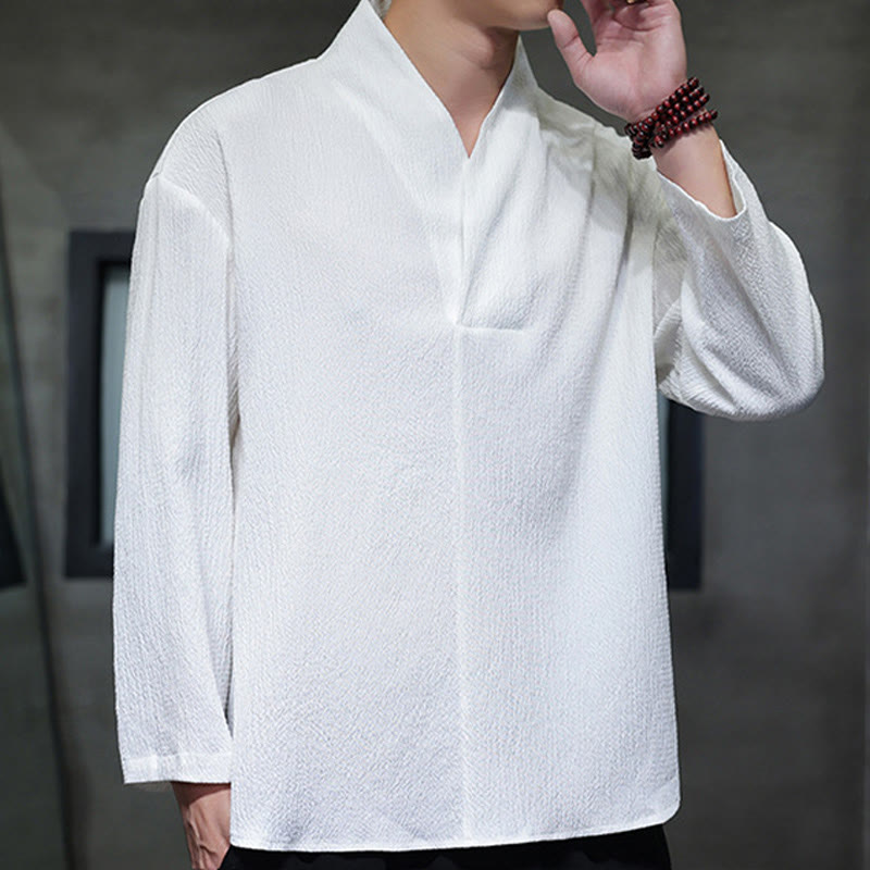 Buddha Stones Prosta koszulka z długim rękawem i dekoltem w serek Męska odzież - image 4