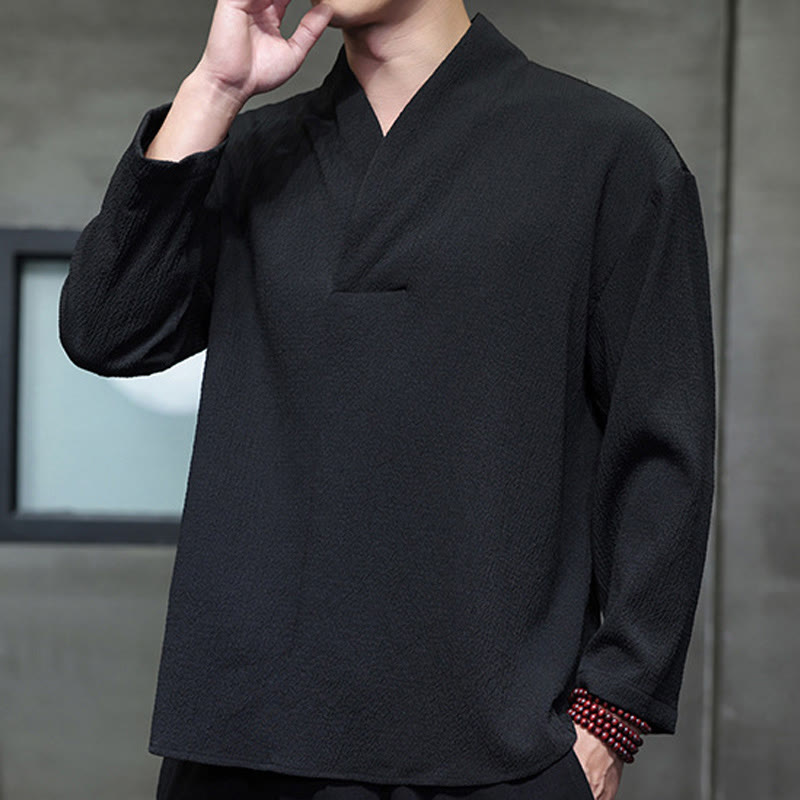 Buddha Stones Prosta koszulka z długim rękawem i dekoltem w serek Męska odzież - image 12