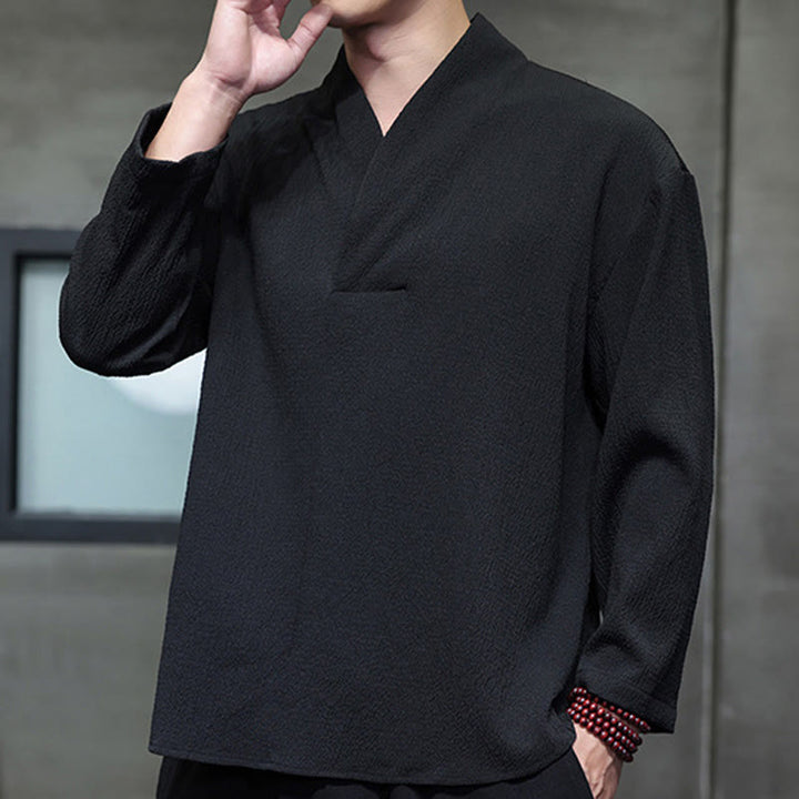 Buddha Stones Prosta koszulka z długim rękawem i dekoltem w serek Męska odzież - image 12