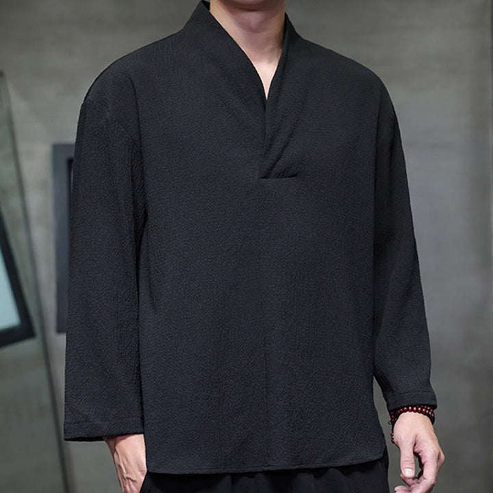 Buddha Stones Prosta koszulka z długim rękawem i dekoltem w serek Męska odzież - image 13