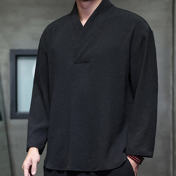 Buddha Stones Prosta koszulka z długim rękawem i dekoltem w serek Męska odzież - image 18