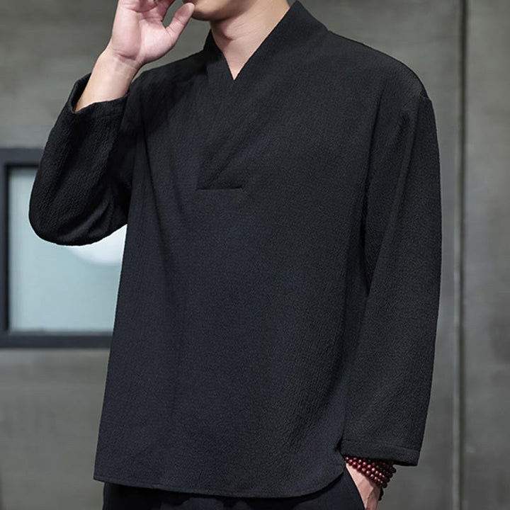 Buddha Stones Prosta koszulka z długim rękawem i dekoltem w serek Męska odzież - image 15