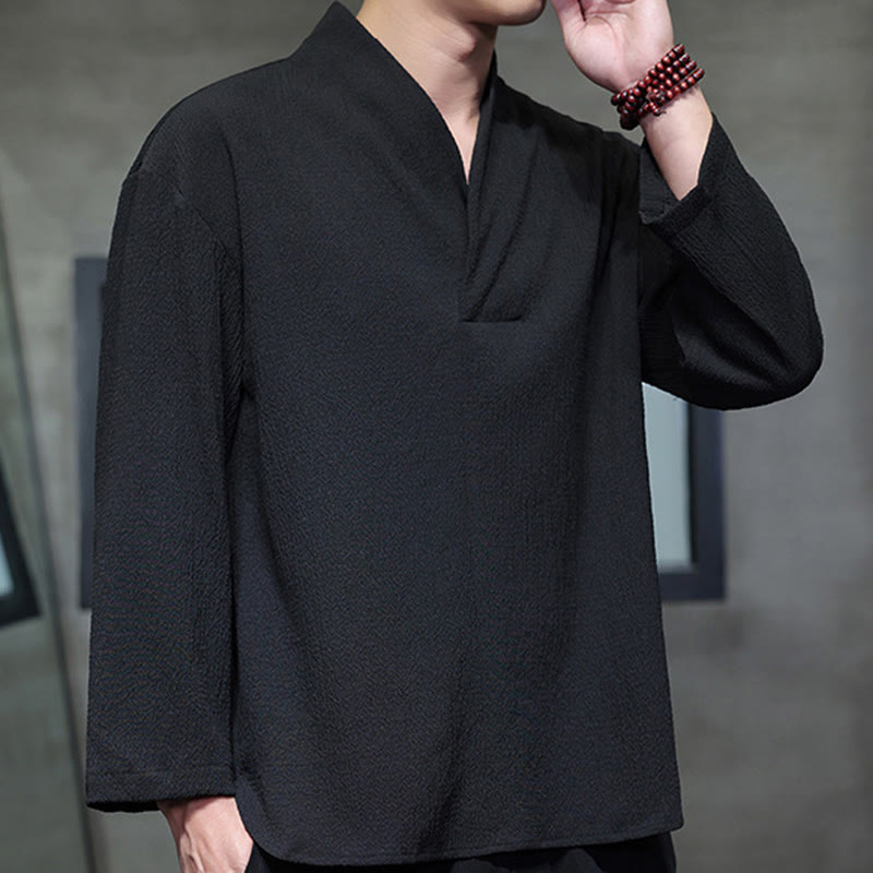 Buddha Stones Prosta koszulka z długim rękawem i dekoltem w serek Męska odzież - image 16