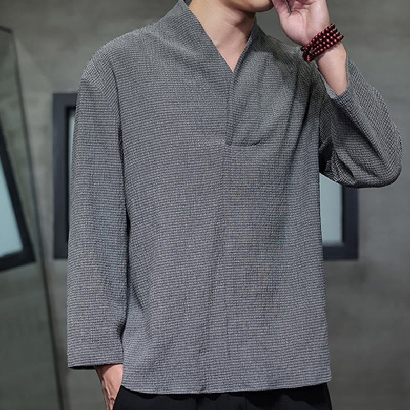 Buddha Stones Prosta koszulka z długim rękawem i dekoltem w serek Męska odzież - image 22