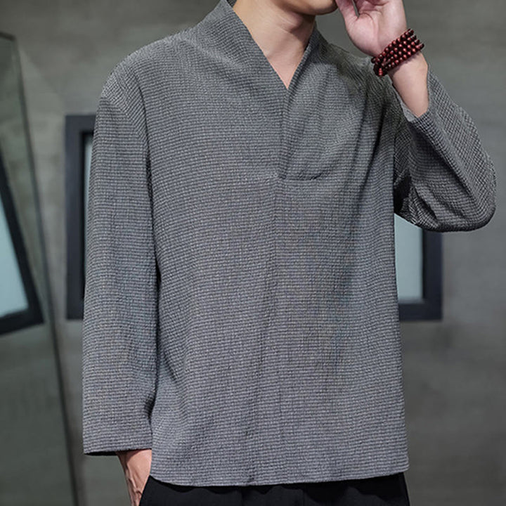 Buddha Stones Prosta koszulka z długim rękawem i dekoltem w serek Męska odzież - image 22