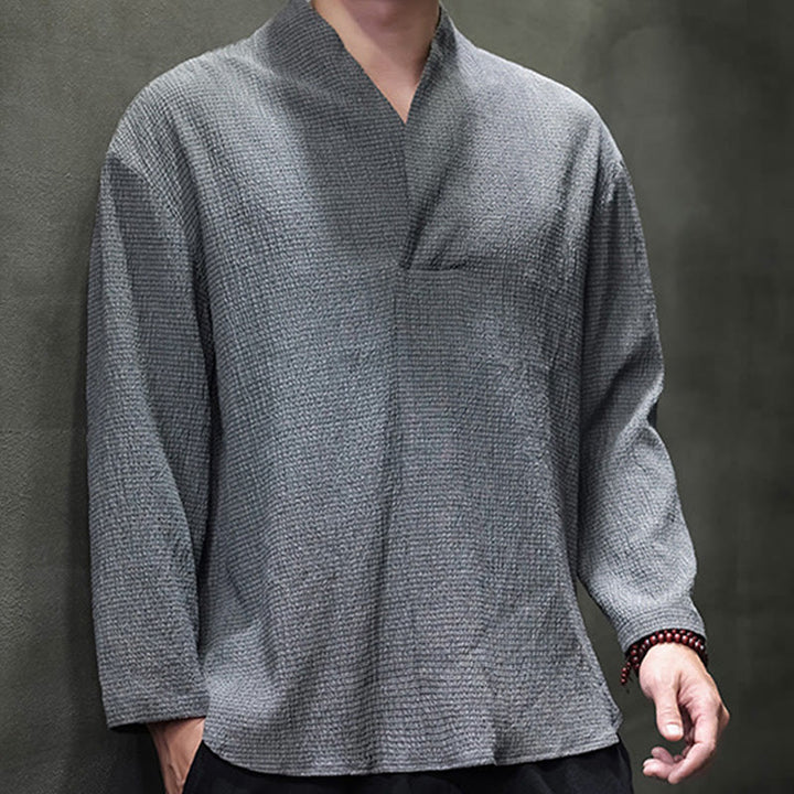 Buddha Stones Prosta koszulka z długim rękawem i dekoltem w serek Męska odzież - image 20