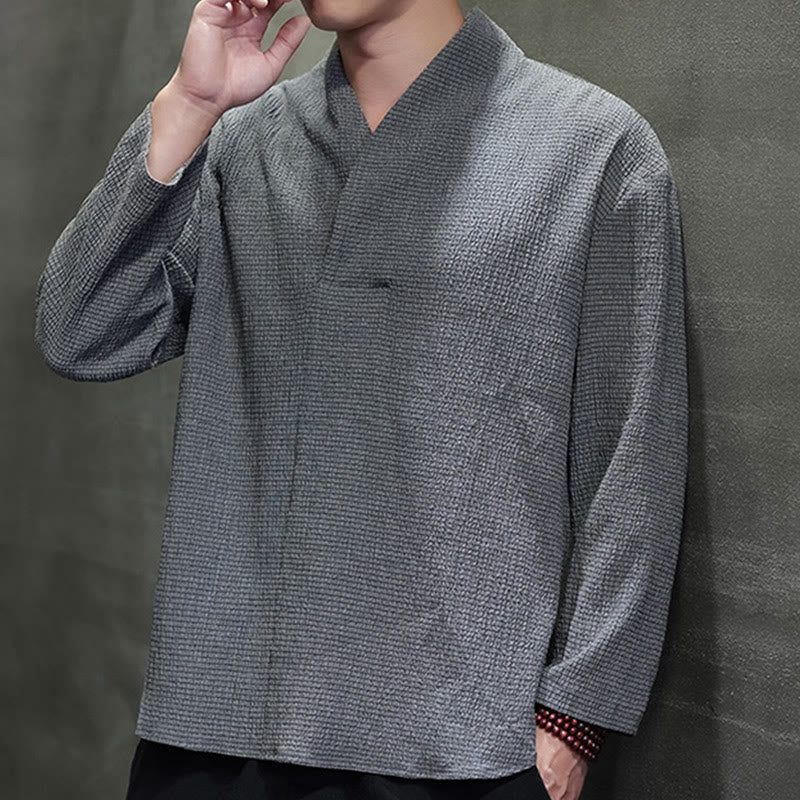 Buddha Stones Prosta koszulka z długim rękawem i dekoltem w serek Męska odzież - image 24