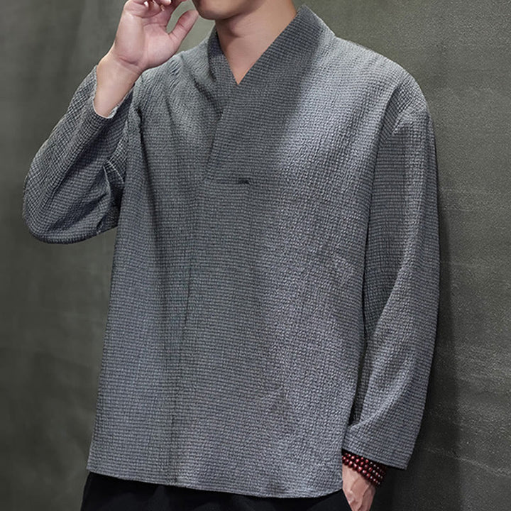 Buddha Stones Prosta koszulka z długim rękawem i dekoltem w serek Męska odzież - image 24