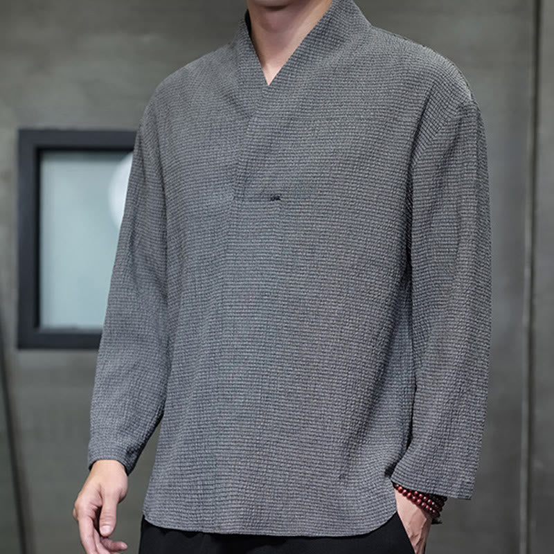 Buddha Stones Prosta koszulka z długim rękawem i dekoltem w serek Męska odzież - image 23