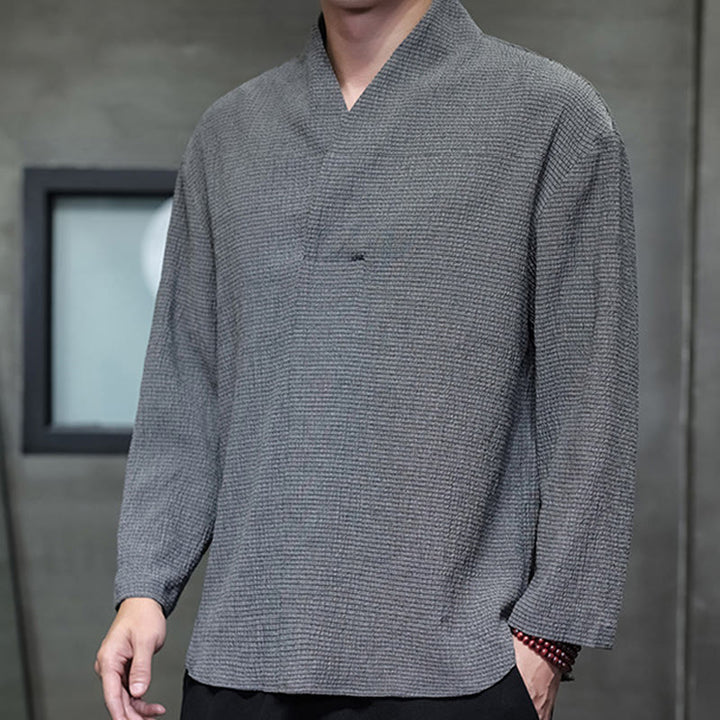 Buddha Stones Prosta koszulka z długim rękawem i dekoltem w serek Męska odzież - image 23