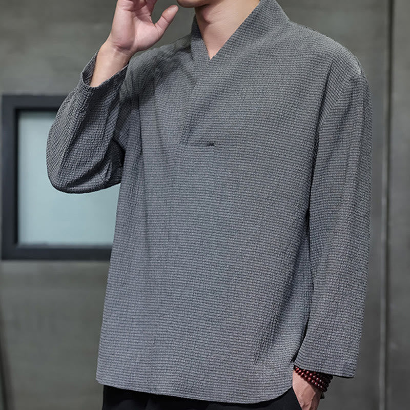 Buddha Stones Prosta koszulka z długim rękawem i dekoltem w serek Męska odzież - image 25