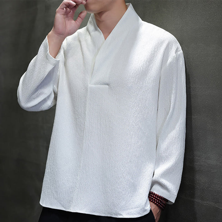 Buddha Stones Prosta koszulka z długim rękawem i dekoltem w serek Męska odzież - image 5