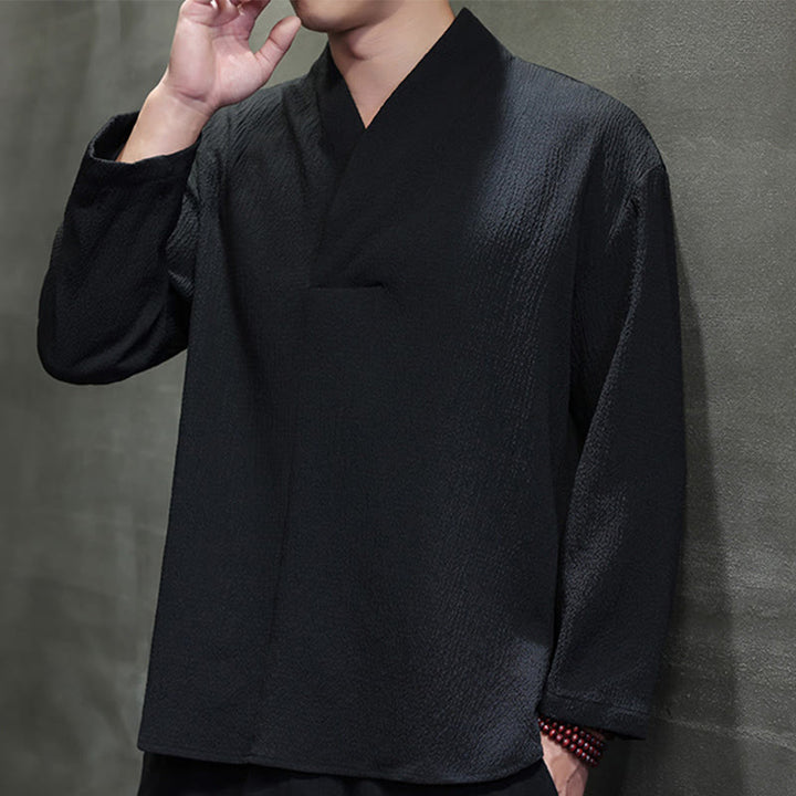 Buddha Stones Prosta koszulka z długim rękawem i dekoltem w serek Męska odzież - image 17