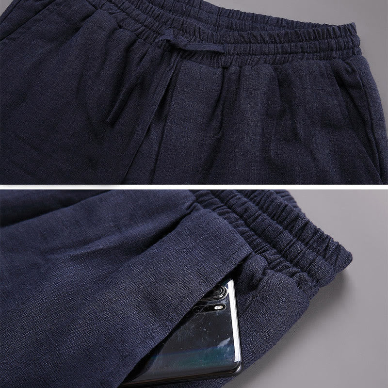 Spodnie męskie lniane z podszewką z polaru i ściągaczem Buddha Stones Winter z kieszeniami - image 4