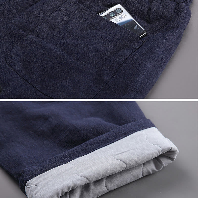 Spodnie męskie lniane z podszewką z polaru i ściągaczem Buddha Stones Winter z kieszeniami - image 5