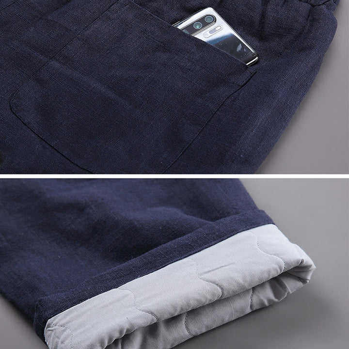 Spodnie męskie lniane z podszewką z polaru i ściągaczem Buddha Stones Winter z kieszeniami - image 5