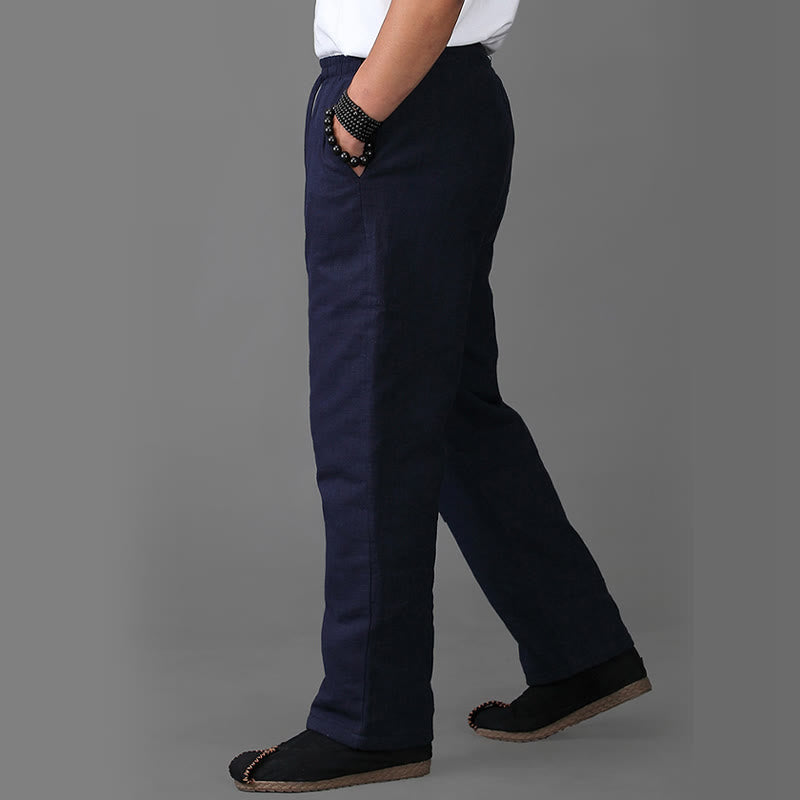 Spodnie męskie lniane z podszewką z polaru i ściągaczem Buddha Stones Winter z kieszeniami - image 3