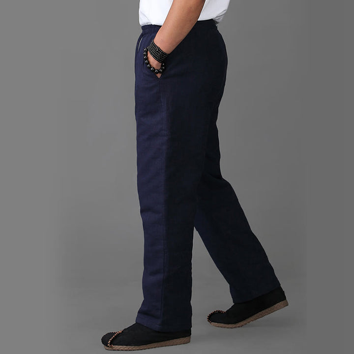 Spodnie męskie lniane z podszewką z polaru i ściągaczem Buddha Stones Winter z kieszeniami - image 3