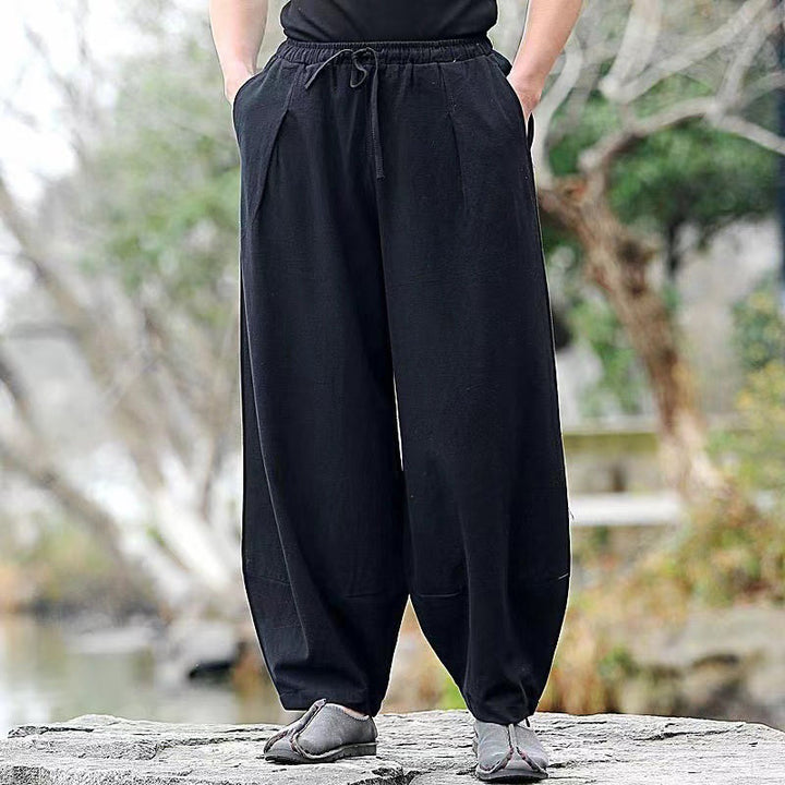 Spodnie haremowe męskie z bawełny Buddha Stones Casual Simple Drawstring z kieszeniami - Czarny - US/UK/AU46， EU56 (5XL) - image 4
