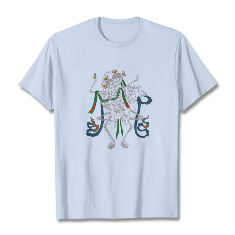 Buddha Stones Tybetański Pan Lasu Zwłok Wzór T-shirt - Jasnoniebieski - 2XL - image 12