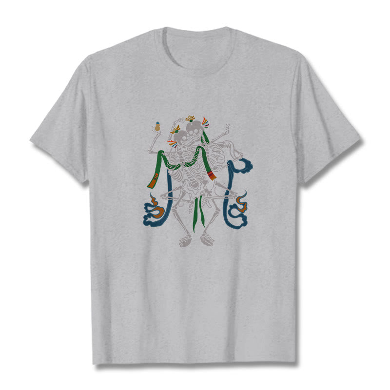 Buddha Stones Tybetański Pan Lasu Zwłok Wzór T-shirt - Jasnoszary - 2XL - image 21
