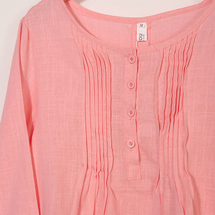 Koszula z okrągłym dekoltem i plisami z długim rękawem w stylu casual z Buddha Stones, bawełniana, lniana, damska - image 10