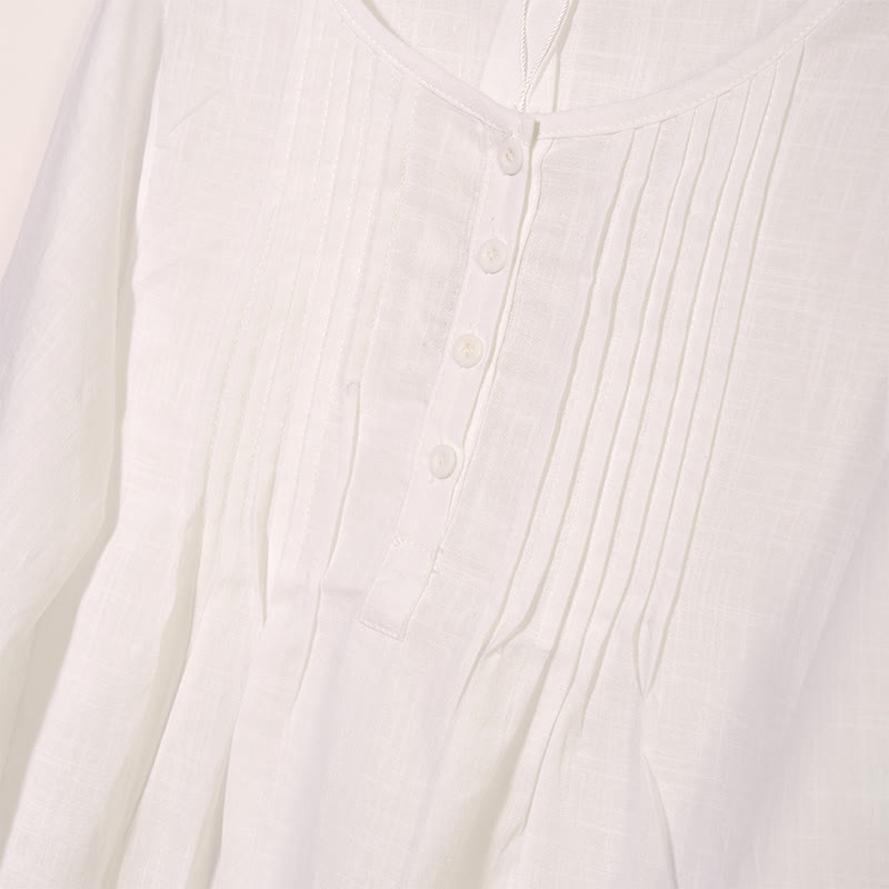 Koszula z okrągłym dekoltem i plisami z długim rękawem w stylu casual z Buddha Stones, bawełniana, lniana, damska - image 7