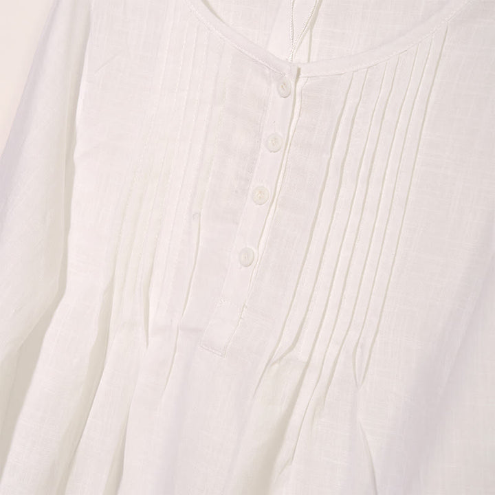 Koszula z okrągłym dekoltem i plisami z długim rękawem w stylu casual z Buddha Stones, bawełniana, lniana, damska - image 7