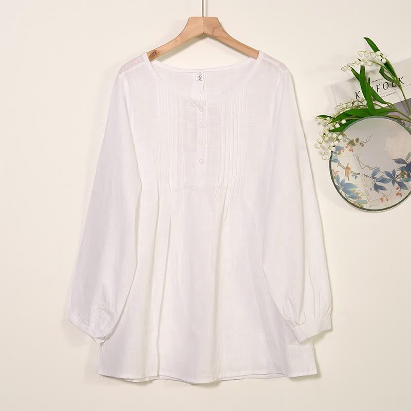 Koszula z okrągłym dekoltem i plisami z długim rękawem w stylu casual z Buddha Stones, bawełniana, lniana, damska - Biały - US/UK/AU46， EU56 (5XL) - image 5