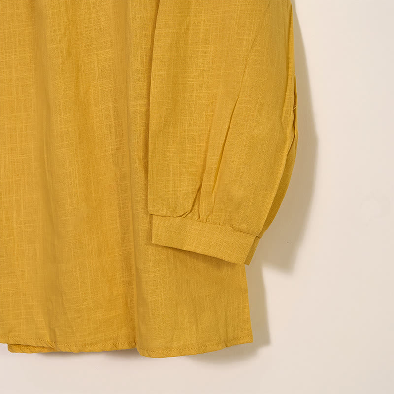 Koszula z okrągłym dekoltem i plisami z długim rękawem w stylu casual z Buddha Stones, bawełniana, lniana, damska - image 3