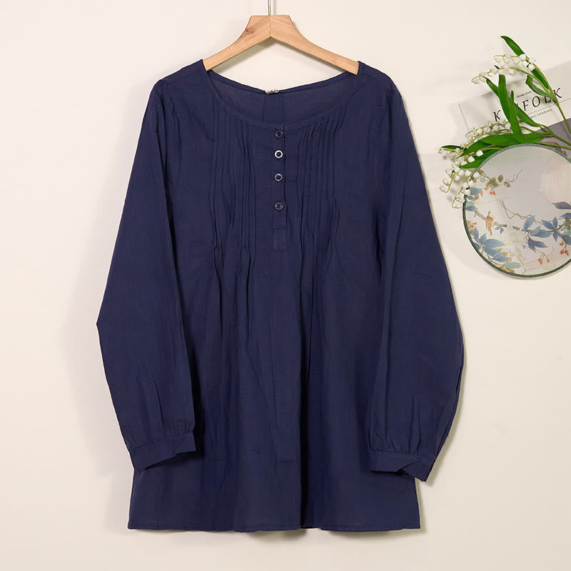 Koszula z okrągłym dekoltem i plisami z długim rękawem w stylu casual z Buddha Stones, bawełniana, lniana, damska - MidnightBlue - US/UK/AU46， EU56 (5XL) - image 12