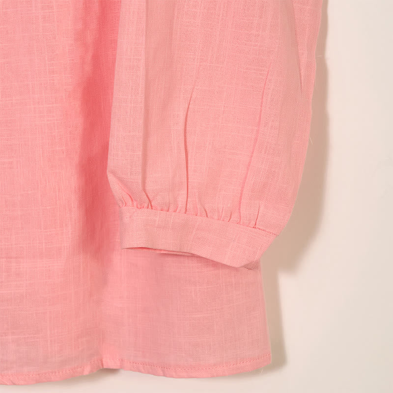 Koszula z okrągłym dekoltem i plisami z długim rękawem w stylu casual z Buddha Stones, bawełniana, lniana, damska - image 11