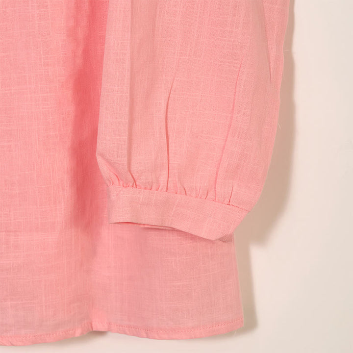 Koszula z okrągłym dekoltem i plisami z długim rękawem w stylu casual z Buddha Stones, bawełniana, lniana, damska - image 11