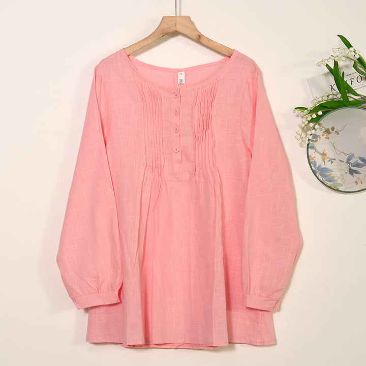 Koszula z okrągłym dekoltem i plisami z długim rękawem w stylu casual z Buddha Stones, bawełniana, lniana, damska - Jasnoróżowy - US/UK/AU46， EU56 (5XL) - image 8