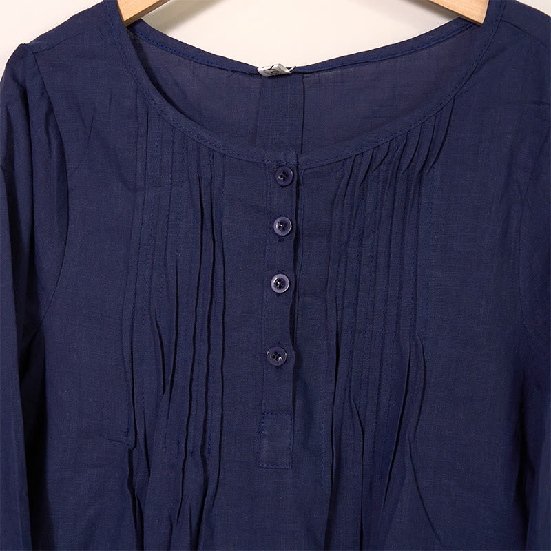 Koszula z okrągłym dekoltem i plisami z długim rękawem w stylu casual z Buddha Stones, bawełniana, lniana, damska - image 14