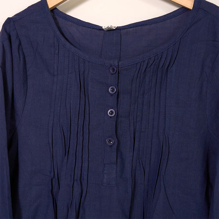 Koszula z okrągłym dekoltem i plisami z długim rękawem w stylu casual z Buddha Stones, bawełniana, lniana, damska - image 14