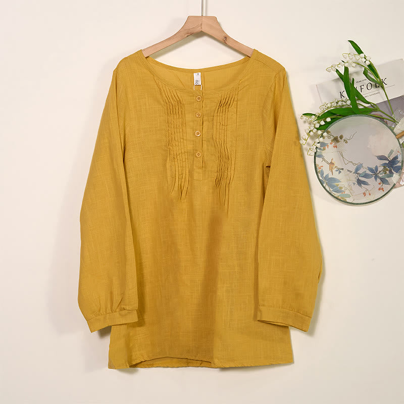 Koszula z okrągłym dekoltem i plisami z długim rękawem w stylu casual z Buddha Stones, bawełniana, lniana, damska - Nawłoć - US/UK/AU46， EU56 (5XL) - image 0