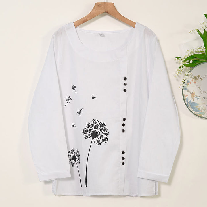Koszula z długim rękawem i okrągłym dekoltem Buddha Stones Casual Dandelion Cotton Linen Women's Shirts