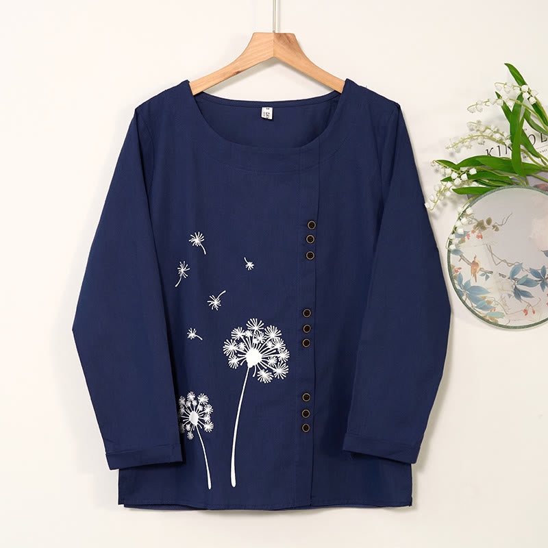 Koszula z długim rękawem i okrągłym dekoltem Buddha Stones Casual Dandelion Cotton Linen Women's Shirts - MidnightBlue - US/UK/AU46， EU56 (5XL) - image 0