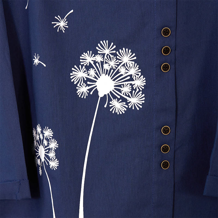 Koszula z długim rękawem i okrągłym dekoltem Buddha Stones Casual Dandelion Cotton Linen Women's Shirts