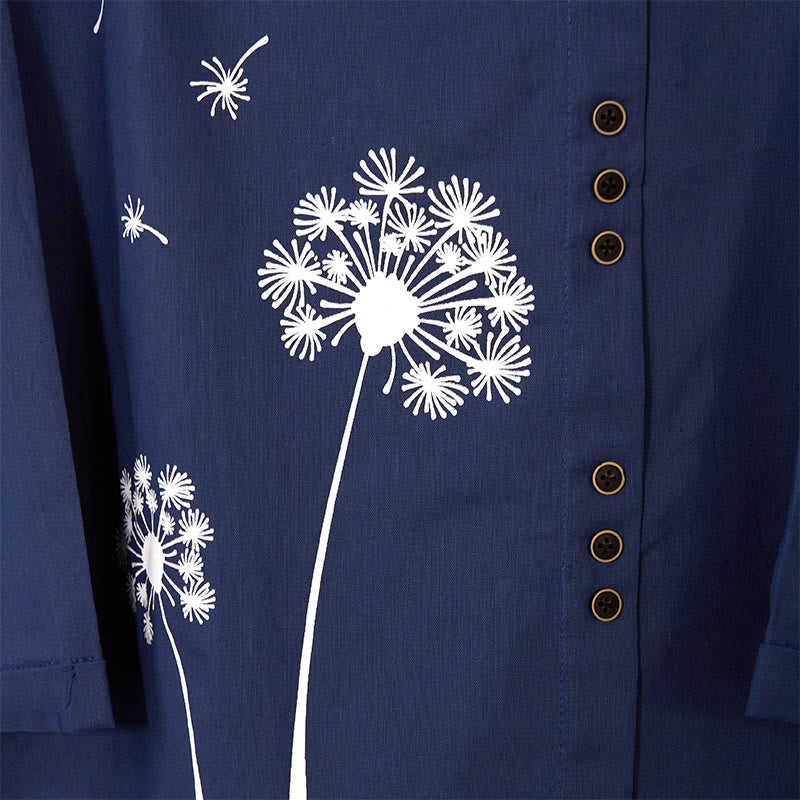 Koszula z długim rękawem i okrągłym dekoltem Buddha Stones Casual Dandelion Cotton Linen Women's Shirts - image 5