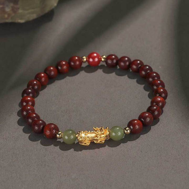 Buddha Stones 999 Srebro Sterlingowe Drewno Sandałowe Drewno Hebanowe Mały Liść Czerwony Sandałowiec Hetian Jade Cynober Bransoletka PiXiu Wealth