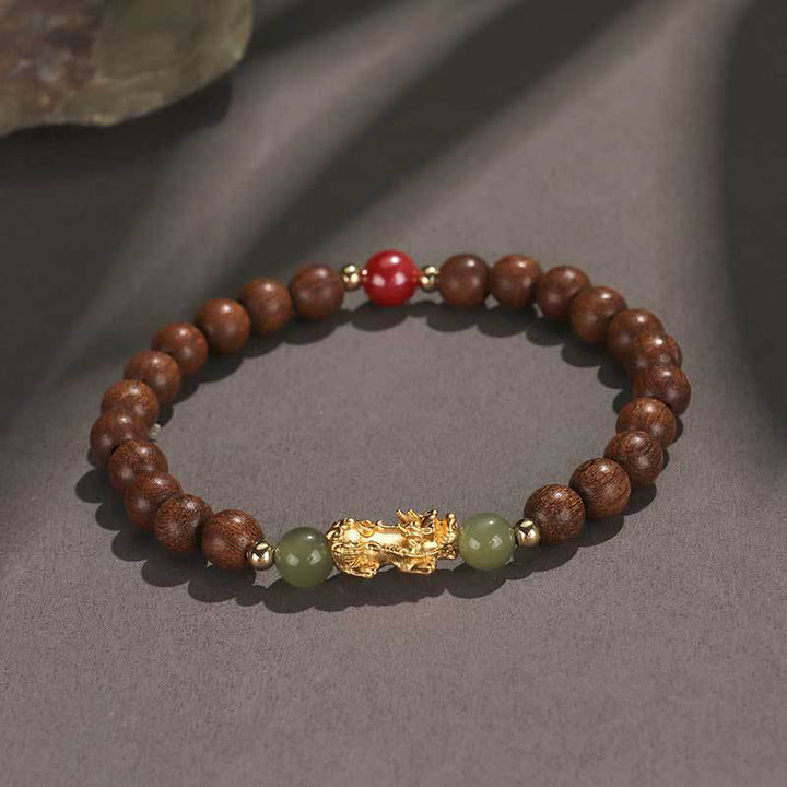 Buddha Stones 999 Srebro Sterlingowe Drewno Sandałowe Drewno Hebanowe Mały Liść Czerwony Sandałowiec Hetian Jade Cynober Bransoletka PiXiu Wealth