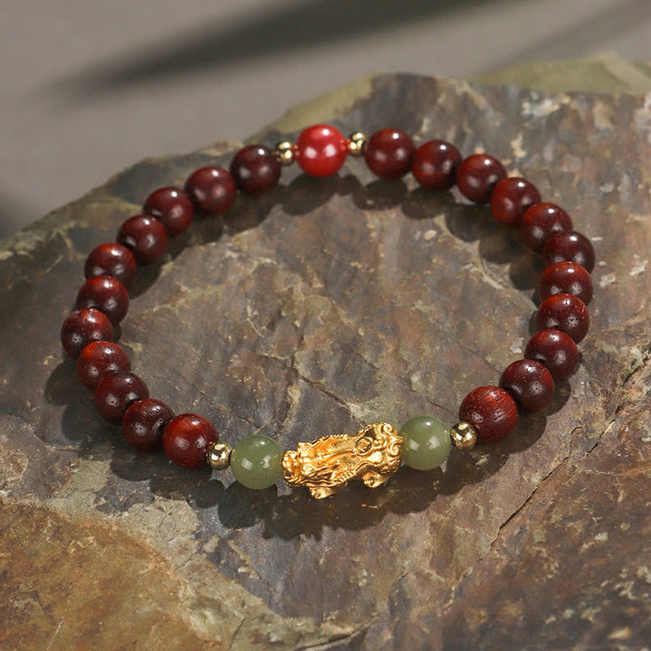 Buddha Stones 999 Srebro Sterlingowe Drewno Sandałowe Drewno Hebanowe Mały Liść Czerwony Sandałowiec Hetian Jade Cynober Bransoletka PiXiu Wealth